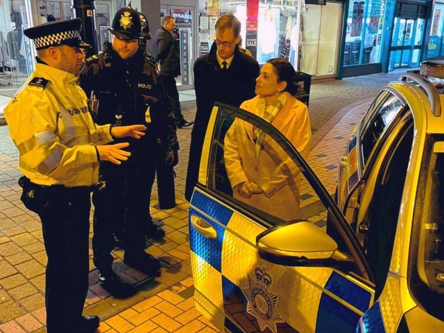 Home Secretary Priti Patel meets Gedling police officers out on patrol in Arnold town centre