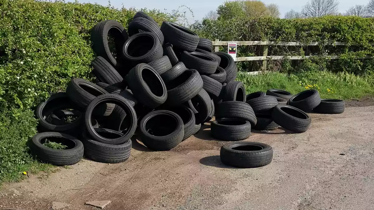 Giant mound of tyres found dumped by the side of rural lane in Stoke Bardolph