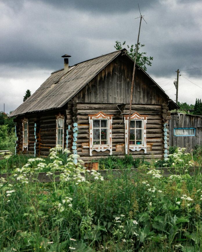 brown wooden house surrounded by green plants under dark clouds